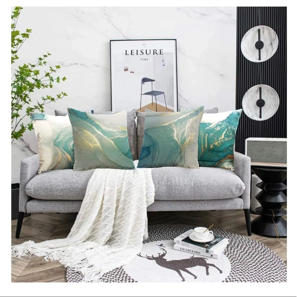 Marble Texture Turquoise and Gold Silver Decorative Throw Pillow Covers Set of 4 - Picture 3 of 15